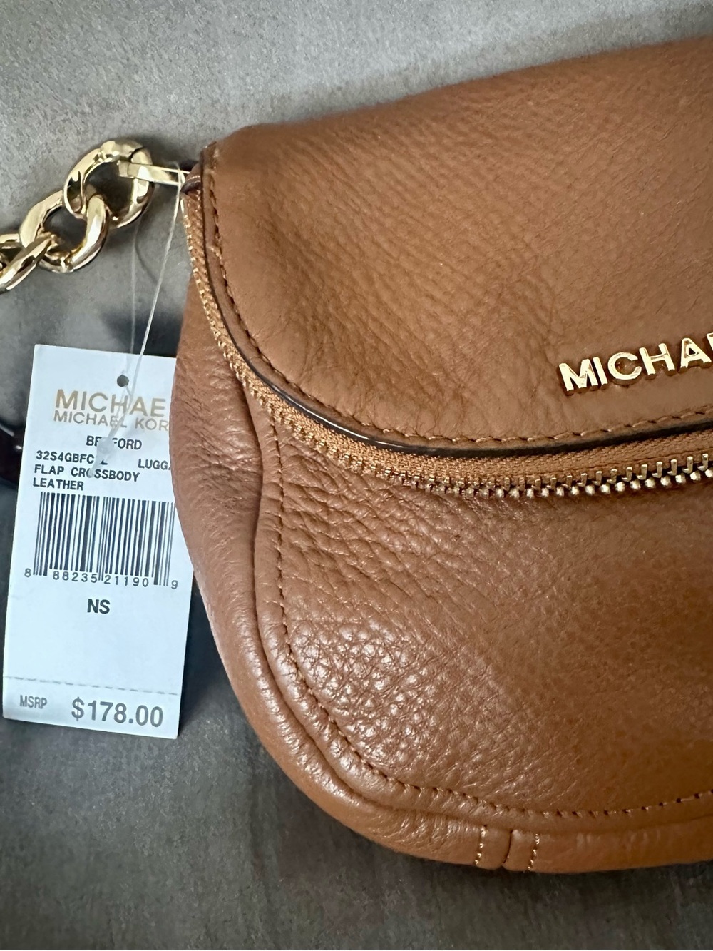Michael Kors Cognac Pebbled Leather Crossbody Bag Gold Chain Luxe Organizer - Picture 14 of 15